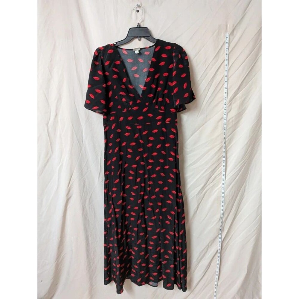 A New Day Black Red Lip Print V-Neck Flutter Sleeve Maxi Dress Size 10